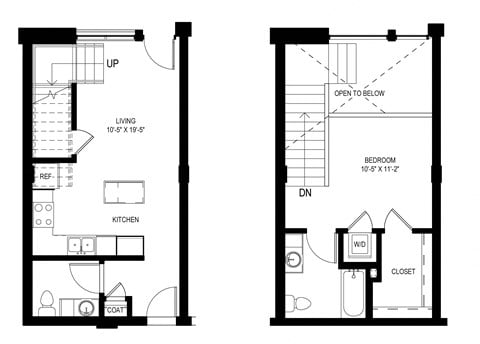 Floor plan for 1 bed, 2 baths, 748 sqft